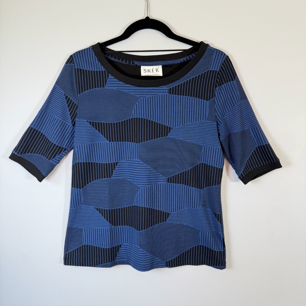 SKFK Skunkfunk Organic Cotton Geometric Abstract Blue Knit Top Shirt Small 6